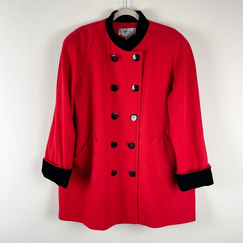 Vintage Carlisle Wool Cashmere Coat Womens 16 Red‎ Velvet Cuff Colorful Festive